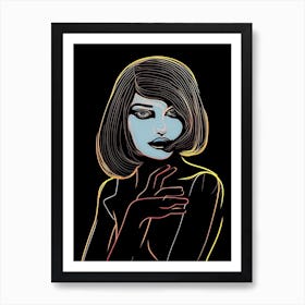 Woman Portrait In Black And White Line Art Neon 2 Art Print