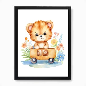 Baby Lion On A Toy Car, Watercolour Nursery 3 Art Print