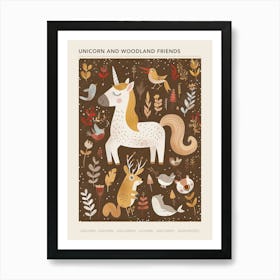 Unicorn In The Meadow With Abstract Woodland Animals 3 Poster Art Print