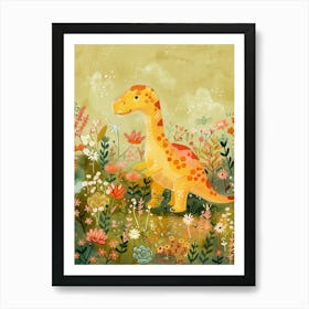 Cute Dinosaur In A Meadow Storybook Painting 3 Art Print