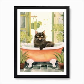 Black Cat In Bathtub Botanical Bathroom 7 Art Print