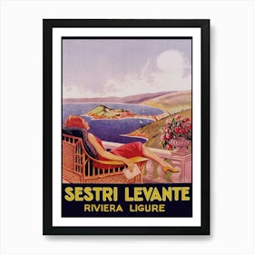 Sestri Levante Italy, Woman Reading, Vintage Travel Poster Art Print