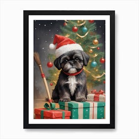 Christmas Shih Tzu Dog Wear Santa Hat (17) Art Print