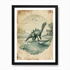 Vintage Stegosaurus Dinosaur On A Surf Board 2 Art Print