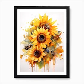 Beehive With Sunflower Watercolour Illustration 4 Art Print