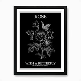 Rose With A Butterfly Line Drawing 2 Poster Inverted Art Print