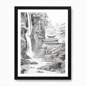 Nachi Falls In Wakayama, Ukiyo E Black And White Line Art Drawing 3 Art Print