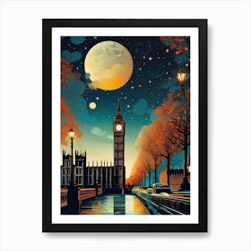 Moon Over Big Ben ~ London England Travel Adventure Visionary Wall Decor Futuristic Sci-Fi Trippy Surrealism Modern Digital Psychedelic Cubic Fantasy Art Full Moons Stars Mandala Spiritual Fractals Space Anglophobe Vibrant Art Print