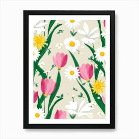 Bouquet Of Spring Flowers Including Tulips White Roses And Daisies Set Against A Botanical Garden (5) Art Print