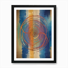 Circular abstract art featuring orange, blue, and yellow hues. Art Print