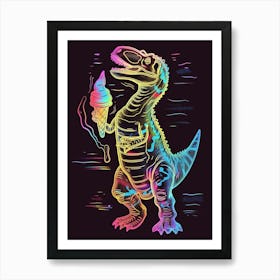 Neon Dinosaur Line Illustration Eating Ice Cream Art Print