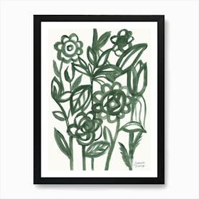 Abstract Linear Floral Dark Green Art Print