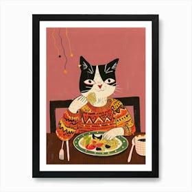 Black And White Cat Eating Pizza Folk Illustration 7 Art Print