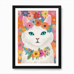 White Cat With Flower Crown Art Print