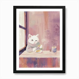 White Cat Having Breakfast Folk Illustration 4 Art Print