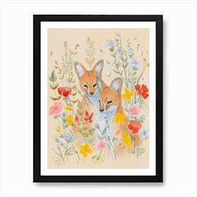 Folksy Floral Animal Drawing Jackal Art Print