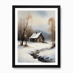 Rustic Winter Oil Painting Vintage Cottage (26) Art Print