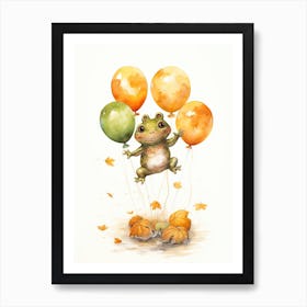 Frog Flying With Autumn Fall Pumpkins And Balloons Watercolour Nursery 2 Art Print