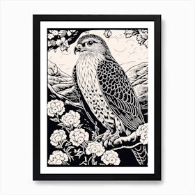 B&W Bird Linocut Red Tailed Hawk 2 Art Print