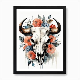 Vintage Boho Bull Skull Flowers Painting (35) Art Print