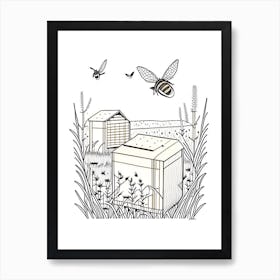 Bee Boxes In A Field 1 Vintage Art Print