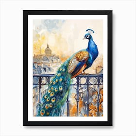 Watercolour Peacock On An Iron Balcony 1 Art Print