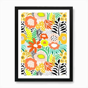 Into The Garden - Paper Cut And Doodle Floral Collage Green Orange Yellow Peach Art Print