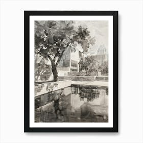 Memorial Museum Austin Texas Black And White Watercolour 1 Art Print