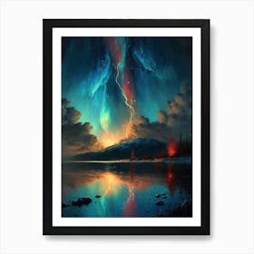 Blue Aurora over Mountains and Lake Art Print