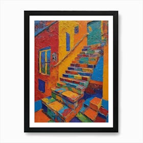 A Painting Of A Colorful Staircase And Orange And Red Buildings Art Print