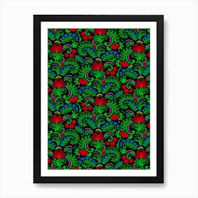 Floral Fairytail - Beauty Forest Flower - Bloom Fantasy Wildflower - Folk Ukrainian Ornament Obereg - Petrykivka - Green Fern Leaves Red Guelder Rose - Colorful Petal Mood on Black Art Print