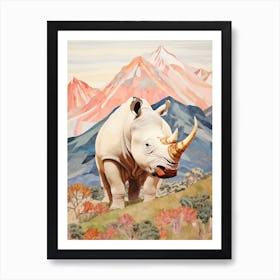 Patchwork Rhino With Mountain In The Background 1 Art Print