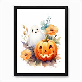 Cute Ghost With Pumpkins Halloween Watercolour 144 Art Print