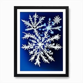 Fernlike Stellar Dendrites, Snowflakes, Blue & White Illustration Art Print