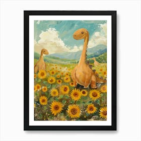 Cute Dinosaurs In A Sunflower Field Art Print