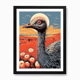 Vintage Bird Linocut Ostrich 2 Art Print