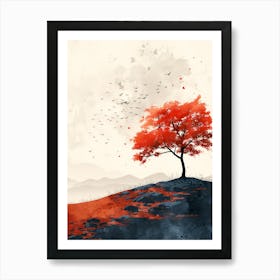 Red Tree On A Hill Art Print