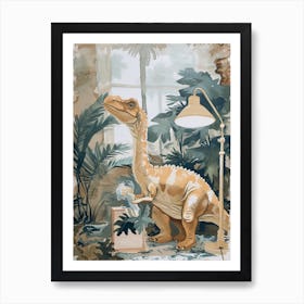 Dinosaur Cleaning The House Beige Art Print