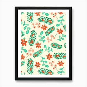 Green and Red Mistletoe and Winter Botanicals on Cream Art Print