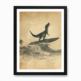 Vintage Icthyosaurus Dinosaur On A Surf Board 2 Art Print