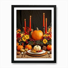 Autumn Harvest Table Centerpiece Overflowing With Gourds And Pumpkins Surrounded By Red And Gold C (1) 2 Art Print