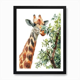 Giraffe Eating Leaves Watercolour 1 Art Print
