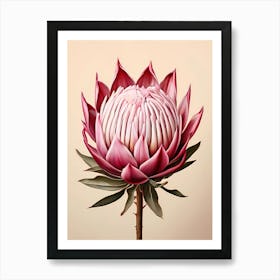 A Digital Painting Of A Large Protea Flower Centered In The Composition Against A Solid Beige Backg (1) Art Print