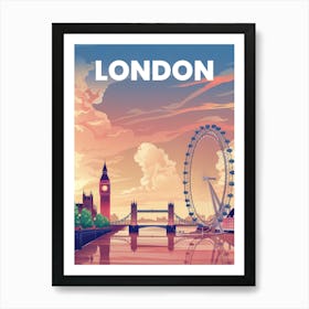 Anime Canvas Art: Iconic London Skyline with Big Ben, Tower Bridge, and the London Eye at Sunset, Perfect for Lofi Aesthetic and Urban Art Lovers. Art Print