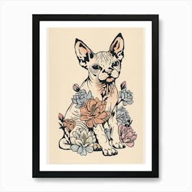 Cute Cornish Rex Cat With Flowers Illustration 1 Art Print