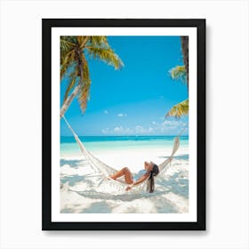 Content Woman Sprawls On A Pristine Tropical Beach Soft White Sands Adorned With Delicate Seashells (2) Art Print