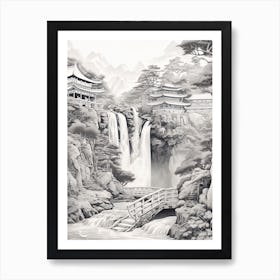 Nachi Falls In Wakayama, Ukiyo E Black And White Line Art Drawing 4 Art Print