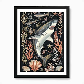 Great White Shark Black Background Illustration 1 Art Print