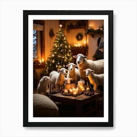 Sheep In Front Of Christmas Tree Art Print