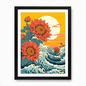 Great Wave With Sunflower Flower Drawing In The Style Of Ukiyo E 1 Art Print